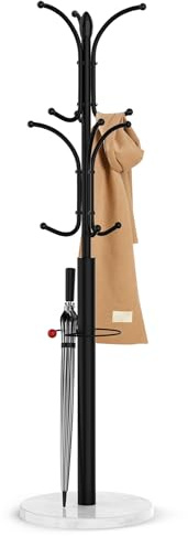 Ulimart Coat Rack Freestanding,12 Hooks Coat Racks with Natural Marble Base & Umbrella Holder,Easy Assembly Coat Rack Stand for Hanging Scarf,Purse,Hats,Jacket(Black)
