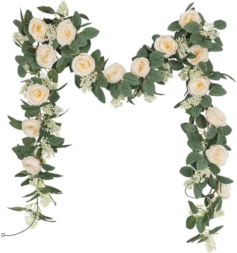 SHACOS 2er Set (4,0 Meter) Künstliche Blumengirlande Hochzeit Rosengirlande Künstlich Rose Vine Girlande Kunstblumen Hängende Girlande für Hochzeit, Dekoration(Champagner)