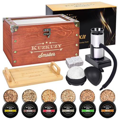 Cocktail Smoker Kit - Whiskey Smoker Kit with Smoking Gun, Smoker Box, 6 Flavors Wood Chips with Whiskey Stones & Ice Mold - Bourbon Old Fashioned Smoker Kit, Gifts for Men, Dad (Torch Not Required)