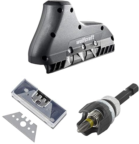wolfcraft 3-fach Kantenhobel 4009000+ 5 Ersatzklingen 4185000 + wolfcraft Schraubvorsatz für Innenausbau 4055000 I Clevere Helfer im Trockenbau