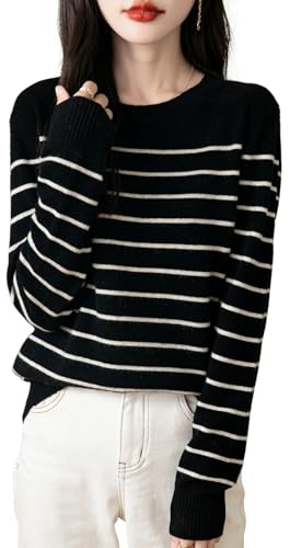 Chanyarn Women's 100% Merino Wool Sweater 2025 Fall Winter Crew Neck Striped Long Sleeve Warm Soft Knit Sweater (Black,S)