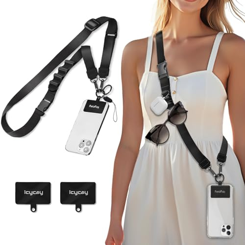 Icycay Phone Lanyard Crossbody, Black Cell Phone Strap for Around The Neck Adjustable, Minimalist Teacher Anti Theft Long Lanyard for ID Holder Key Accessories Travel Essential Women