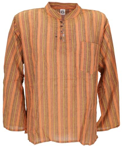GURU SHOP Nepal fiskarskjorta, randig goa-hippie-skjorta, yogabyxor, män, bomull, apelsin, XXL