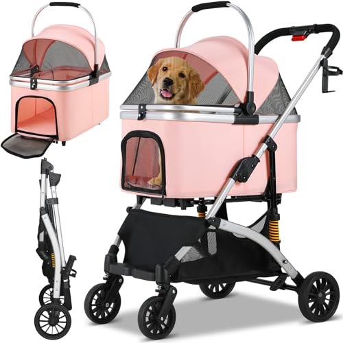 MAMIZO Poussette Chien 3-en-1, Poussette pour Chat Pliable, Panier de Rangement, Fenêtre en Filet, pour Petits Chiens et Chats, Jusqu'à 20 kg, 4 PCS Roues Résistant à l'Usure à 360°, Rose