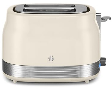 Swan ST19028C Retro 2 Slice Toaster with 6 Browning Levels for Toast, Bagels, Breakfast Muffins, Defrost/Reheat/Cancel, Hidden Cord Storage, Non-Slip Feet, 930W, Cream and Stainless Steel