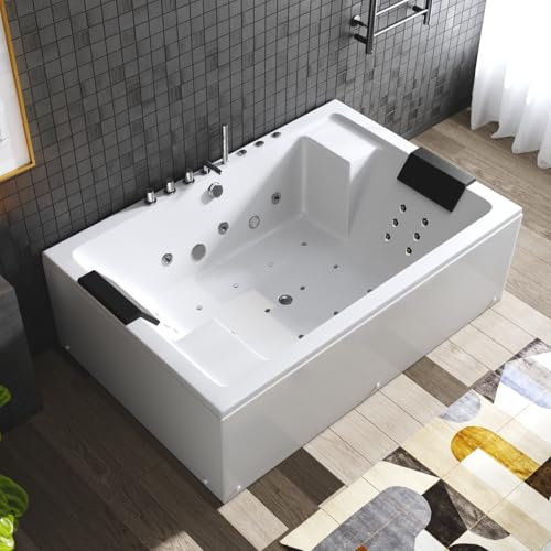Jetted Tub - 71 x 47 Whirlpool Bathtub for 2 Person Acrylic Soaking Bubble Spa Tub with Chromotherapy LED Lighting 6 Large Water Jets & 12 Small Back Sprays, 3-Sided Apron Acrylic Bath, White
