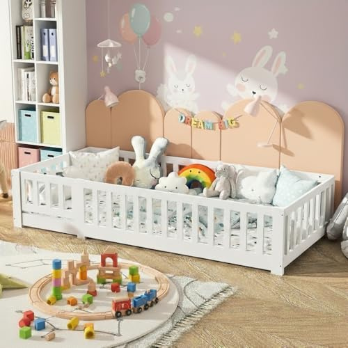 FCSQIU Bodenbett 90x200,Montessori Kinderbett mit Rausfallschutz & Lattenrost,Kleinkindbetten Weiß 90x200 cm,Herausfallschutz & Lattenrost,Gitterbett Kinder Jugendbett Einzelbett