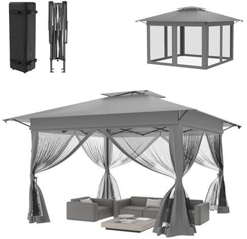 ACXIN 4 x 4 m, hopfällbar paviljong, vattentät höjd justerbar, trädgårdspaviljong med nätsidoväggar, UV-skydd, pop-up paviljong inkl. bärväska med hjul, för trädgård terrass bakgård (grå)