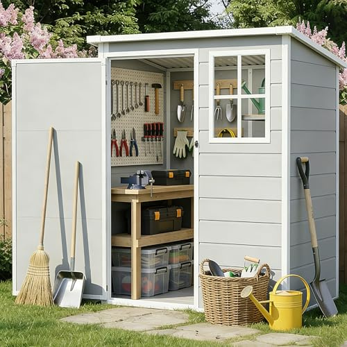 Caseta de jardín de plástico con ventanas, techo inclinado y puerta segura, para guardar herramientas de jardín. Incluye placa de suelo, ideal para jardín, terraza
