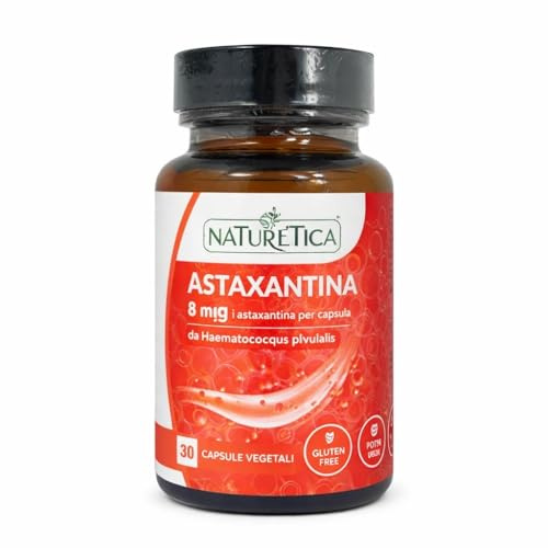 Naturetica Astaxantina 8 mg, 30 Capsule, con Luteina 5 mg e Vitamina C, Supporto Vista e Pelle, Vegano