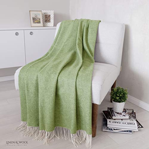 Linen & Cotton Klassisk Högklassig Filt Ullfilt Merino Stonewold med Fiskbensmönster - 100% Merinoull, Grön (140 x 200 cm) Pläd Ullpläd Överkast Soffa Säng Sofffilt Mysig Filt Dagfilt Lammull