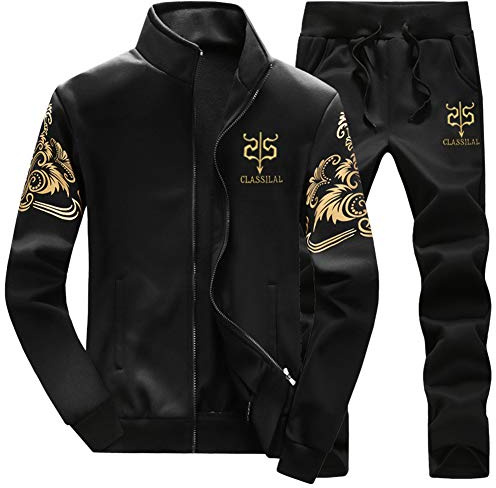 Survêtement de Gymnastique Joggers Homme Ensemble Casual Sport Sweater à Zippé Et Pantalon Jogging Slim Fit Tenue de Sport 2 Pièces Noir XL