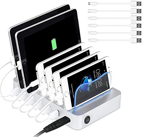 PRITEK Stazione di Ricarica USB con Cavi USB Corti per Dispositivi Multipli 50W/10A Stazione di Ricarica Organizer a 6 porte per Cellulare Tablet Auricolare MP4 e altri Gadget Abilitati USB (Argento)