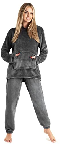 CityComfort Pyjamas Set for Women and Teens Fleece Hooded Long PJs Warm Loungewear Fluffy Nightwear Soft Cosy Sleepwear Gifts for Her (Shimmer Charcoal, XL)