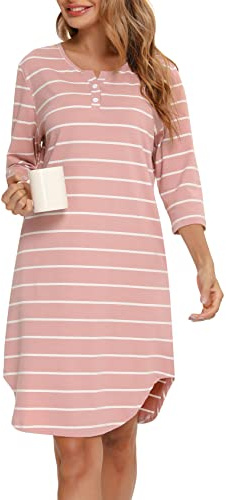 Vlazom Camicia da Notte Donna Cotone a Righe Manica 3/4 con Tasche Lunga Fino Ginocchio，Rosa，L