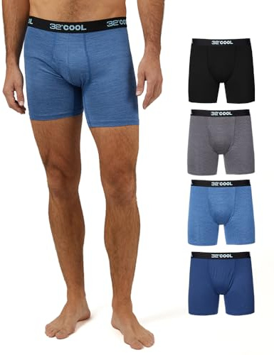 32 Degrees COOL Mens 4-PACK Quick Dry Performance Boxer Brief With Comfort Elastic Waistband, Black/Blue/Denim/Charcoal, L