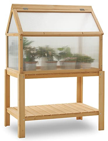 MCombo Cold Frame Greenhouse, Portable Wooden Greenhouse Raised Potted Plant Protection Box with Shelf for Outdoor Indoor Use, 0266 (Natural)