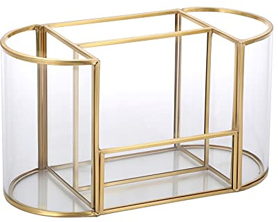 Hipiwe Gold Makeup Brush Holder 4 Slots Glass Cosmetics Brush Organizer Remote Control Holder Pen Holder Vintage Vanity Storage Holder for Brushes Comb Eyeliner fit Dresser Bathroom Office