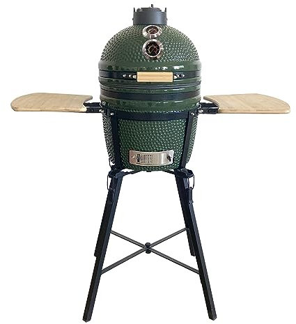 YNNI Kamado TQ0015GRN Kamado de pie de 15.7 pulgadas con carrito y mesas auxiliares, parrilla, verde, barbacoa, cerámica, huevo, ahumador, paquete con extras TQ0015GRN