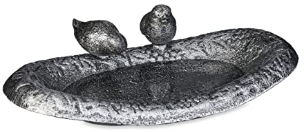 Relaxdays Vogeltränke Gusseisen, Gartendeko, HxBxT: 6,5 x 24 x 12,5 cm, Vogelfutterstelle, Wasserschale Vogelbad, Silber