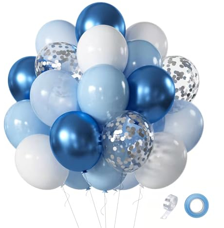 Luftballons Set, 60 Stück Hellblaue Ballons mit Metallic Blau Ballons Konfetti für Hochzeit, Verlobung, Babyshower, Jungen Geburtstag, Party Dekorationen