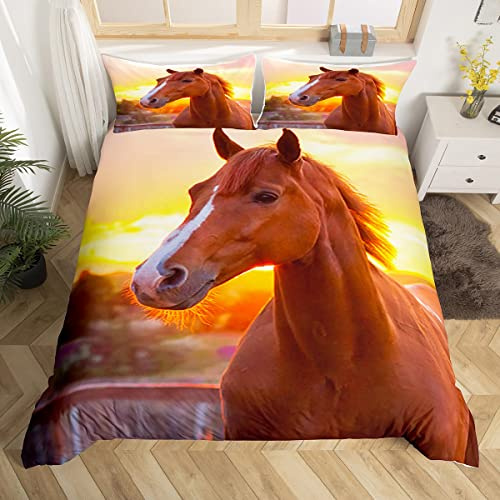 Set med hästbäddset för barn, 3D, gulligt djur, täcke, set för pojkar, flickor, gul, solnedgång, påslakan, överkast, enkel storlek, dragkedja, andas