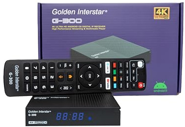 Golden Interstar G-300 4K UHD Android 11 TV Streaming Box, 5G Dual Band WiFi, telecomando Bluetooth, controllo vocale, USB 2.0 HDR10+, 2 GB RAM e 32 GB Flash, ricevitore TV IP OTT, Bluetooth 5.1