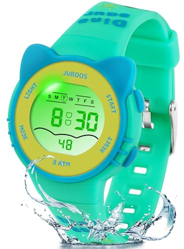 Juboos Kids Digital Watch,Watches for Girls Boys,Children's Waterproof Wrist Watches with Print and Colourful Lights,Toddler Watch with Cat Ears for Boys Girls (Green - Deep Green)