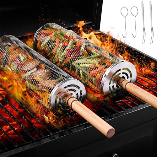Grillkorb Edelstahl,2 Stück Grill Zubehör mit Holzgriff – Rolling Zylindrischer Grillkorb – für Outdoor-Camping, Gemüse-Grillkorb, Gegrilltes Gemüse, Fleischspieße, Meeresfrüchte（Ohne Grillsockel）