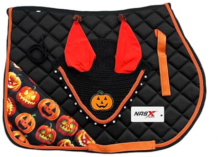 Halloween Saddle Pad with Matching Diamante Set Fly Veil Bonnet Ear bonnet Padded Numnah Pumpkins (PONY)