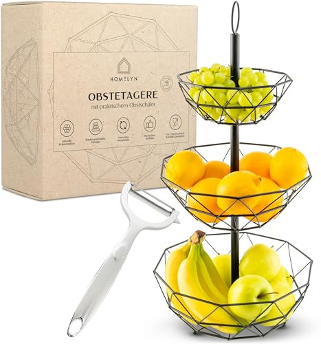 Etagere inkl. Obstschäler I Obst-Etagere mit 3 Etagen I Vielseitige Nutzung als Brotkorb, Obstkorb, Snackbar, am Buffett, Obstschale I Modernes Design in schwarz, extra platzsparend & stabil