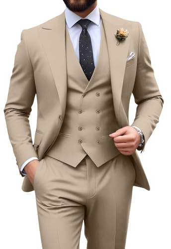 HUEZOE Mens Tuxedo Suit Champagne 3 Piece Slim Fit Jacket Double Breasted Vest Pants Set Formal Wedding Prom Suit Large