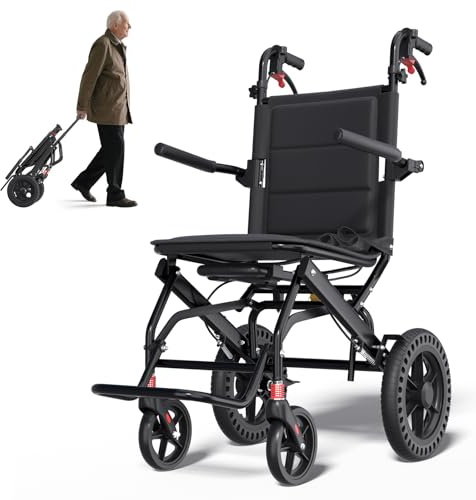Ultra-Lightweight Folding Wheelchair, Travel Wheelchairs with Foldable Pedals and Flip-Backs Arms, Handbrake & Telescopic Handle, Handle Manual Wheelchair 12 Wheel
