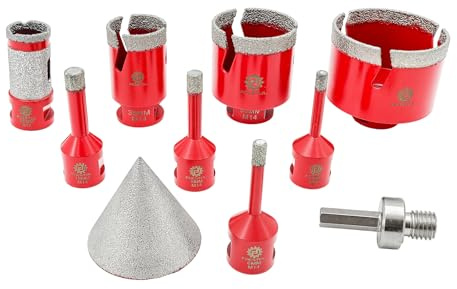FOCSTOL Brocas diamantadas de gres porcelánico – Puntas de taladro diamantadas para azulejos de cerámica 10 piezas (6/6/8/10/35/50/68 mm + 50 mm brocas para biselar + 25 mm taladro fresa + adaptador)