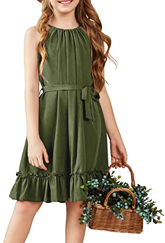 Arshiner Girls Dress Kids Off-Shoulder Summer Ruffle Hem Festive Dresses | Elegant Sleeveless,Midi A-Line,Swing Formal,Party Evening,Children Casual Dress,Birthday Wedding,with Belt,6-14 Years