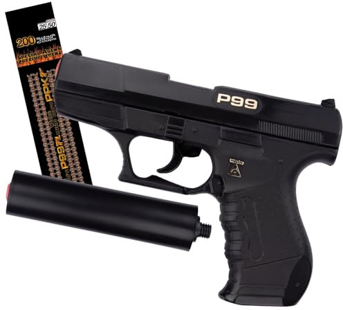 Hochwertige Pistole Revolver Gewehr inkl. 144 Schuss-Munition Polizei Cowboy für Kinder & Erwachsene Kostüm-Zubehör (Polizei Pistole P99 mit Schalldämpfer)