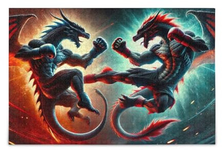 Dragons Fight Red Puzzles DIY Gift Jigsaw Puzzles with Mesh Storage Bag Fun Family Activity, Finished Size 29.5 x 19.7