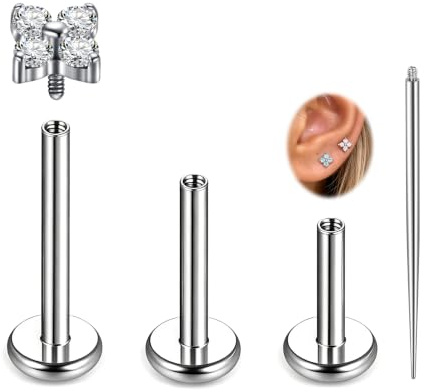 AVYRING 16G Forward Helix Conch Cartilage Tragus Piercing Jewellery Titanium Flat Back Earrings, Silver Internally Threaded Labret Lip Nose Stud for Women 6mm 8mm 10mm, White