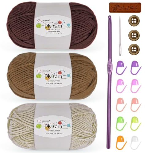 Crochet Yarn Kit, 3×50g 60% Cotton 40% Acrylic Combed Cotton Yarn with 3mm Hook & Accessories, DK Wool for Beginners Amigurumi Socks Blankets (Brown-3)