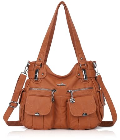 Angelkiss Women's Designer Handbag Large Double Zipper Multi Pocket Washed, Brown