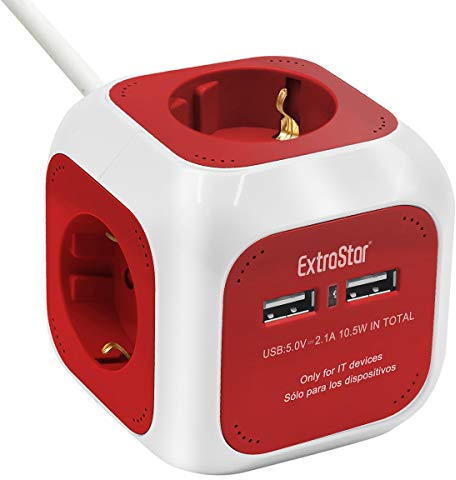 EXTRASTAR Steckdosenwürfel mit 2 USB-Anschlüssen(5V/2.1A), 4-Fach Steckdosenleiste mit 1.5M Kabel, Mehrfachsteckdose Würfel für Büro, Heim oder Reise, Rot