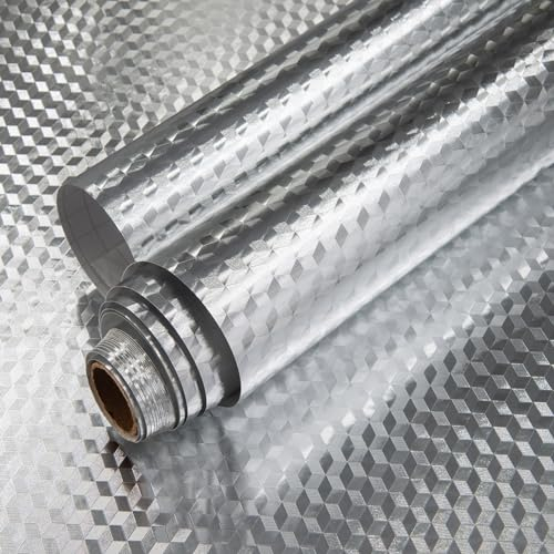 Oil Proof Sticker Self adhesive Wallpaper Aluminum Silver Foil 40cm X 300cm Peel and Stick Waterproof for Kitchen Drawer Liners Shelf Liner Cupboard Backsplash