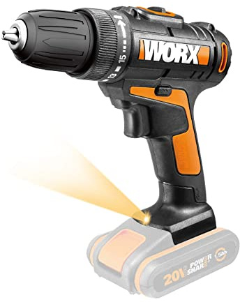 WORX WX101.9 Akku Bohrschrauber 20V – Leistungsstarker Akkuschrauber zum Bohren und Schrauben – zweistufiger Drehzahlbereich & 15+1 Drehmomenteinstellung – mit LED-Licht – ohne Akku & Ladegerät