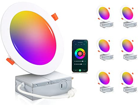 CLOUDY BAY [6 Pack] 6inch Smart WiFi LED Recessed Lights,RGBCW Color Changing Recessed Lighting,Compatible with Alexa and Google Home Assistant,No Hub Required,15W 2700K-6500K,CRI90+ Wet Location