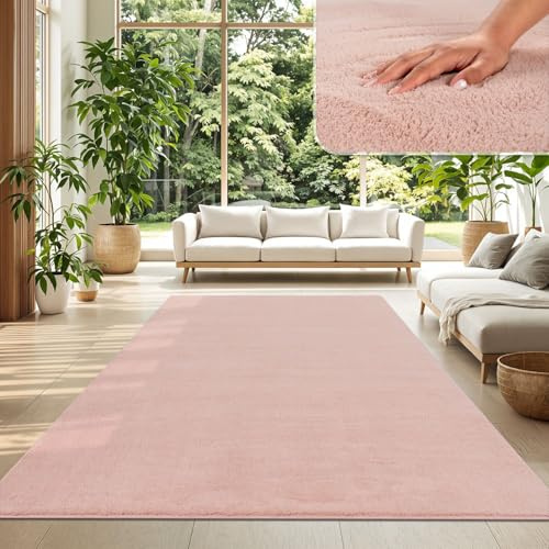 TT Home Wohnzimmer Teppich Kurzflor Anti-Rutsch Rückseite Unifarben Modern Waschbar, Farbe: Rose, Größe:120x160 cm