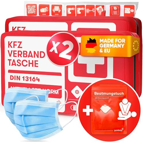 PURAHELP 2x KFZ Verbandstasche nach aktueller Norm 2025 DIN 13164 (StVO konform) - Inkl. Beatmungstuch - Erste Hilfe Set Auto Verbandskasten 2025