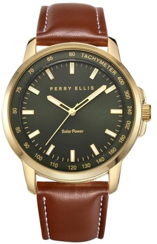 Perry Ellis Solar Powered Mens Watch | Vegan Leather Water-Resistant Analog Wrist Watches for Men | 43mm Case | Aluminum Tachymeter Bezel | Elegant Gift for Man (Gold)
