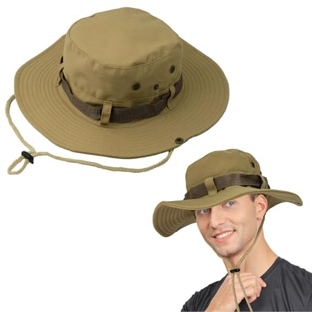FUIPVGI Sonnenhut Herren, Breite Krempe Dschungelhut Sommerhut Herren, Faltbar Boonie Hut mit Kinnriemen Fischerhut Safari Hut Sonnenschutz Hut Wanderhut