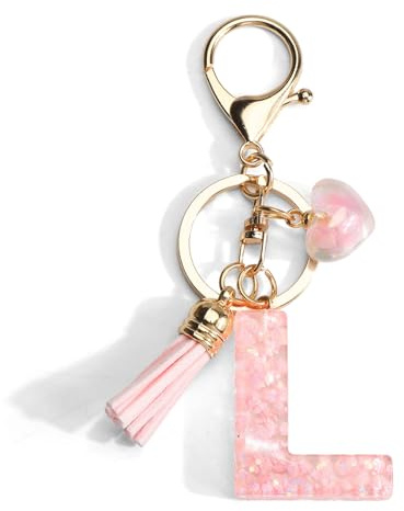 Porte-clés avec lettre, initiales, porte-clés avec pendentif en forme de cœur, pompon rose, cadeaux pour femme, sac à main, décoration de voyage, l, taille unique