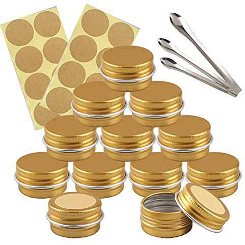 24 Pieces 5 ml Empty Gold Round Aluminum Tin Jars with Screw Lids Cosmetics Lip Balm Containers Pots for DIY Candle Salve Salt Powder Crafts Storage Cans with 3x Spoon 24x Labels
